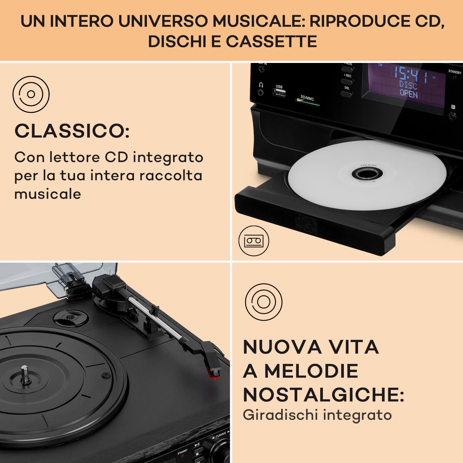 Auna Giradischi Bluetooth per Dischi in Vinile, Lettore Vinile a 3 Velocità di Riproduzione, Giradischi Vinili Vintage con Casse Stereo, AUX, Gira Dischi per Vinile con Jack per Cuffie e Lettore CD