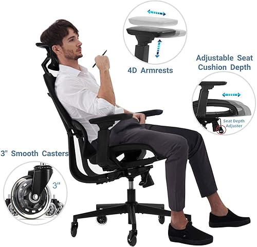 Miniatura 4 de Cómoda silla de oficina ergonómica de lujo silla de escritorio de malla con respaldo alto silla de computadora grande con reposabrazos 4D soporte