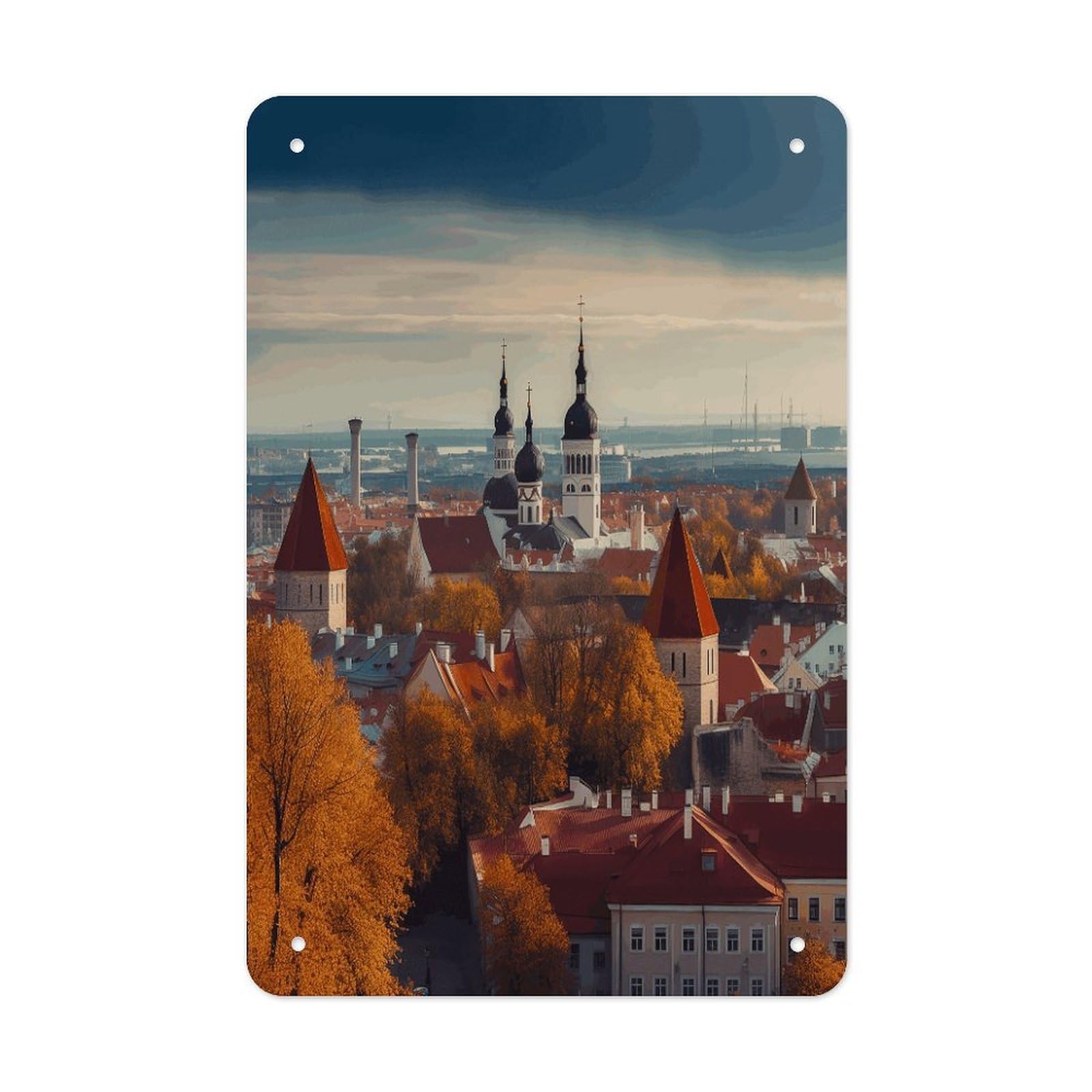 Retro Metal Signs Decorations Vintage Tallinn Estonia Cityscape Tin Sign Iron Painting Home Family Poster Personalized Art Wall Decor Funny Plaque Sheet for Home Gift Party 8x12 In