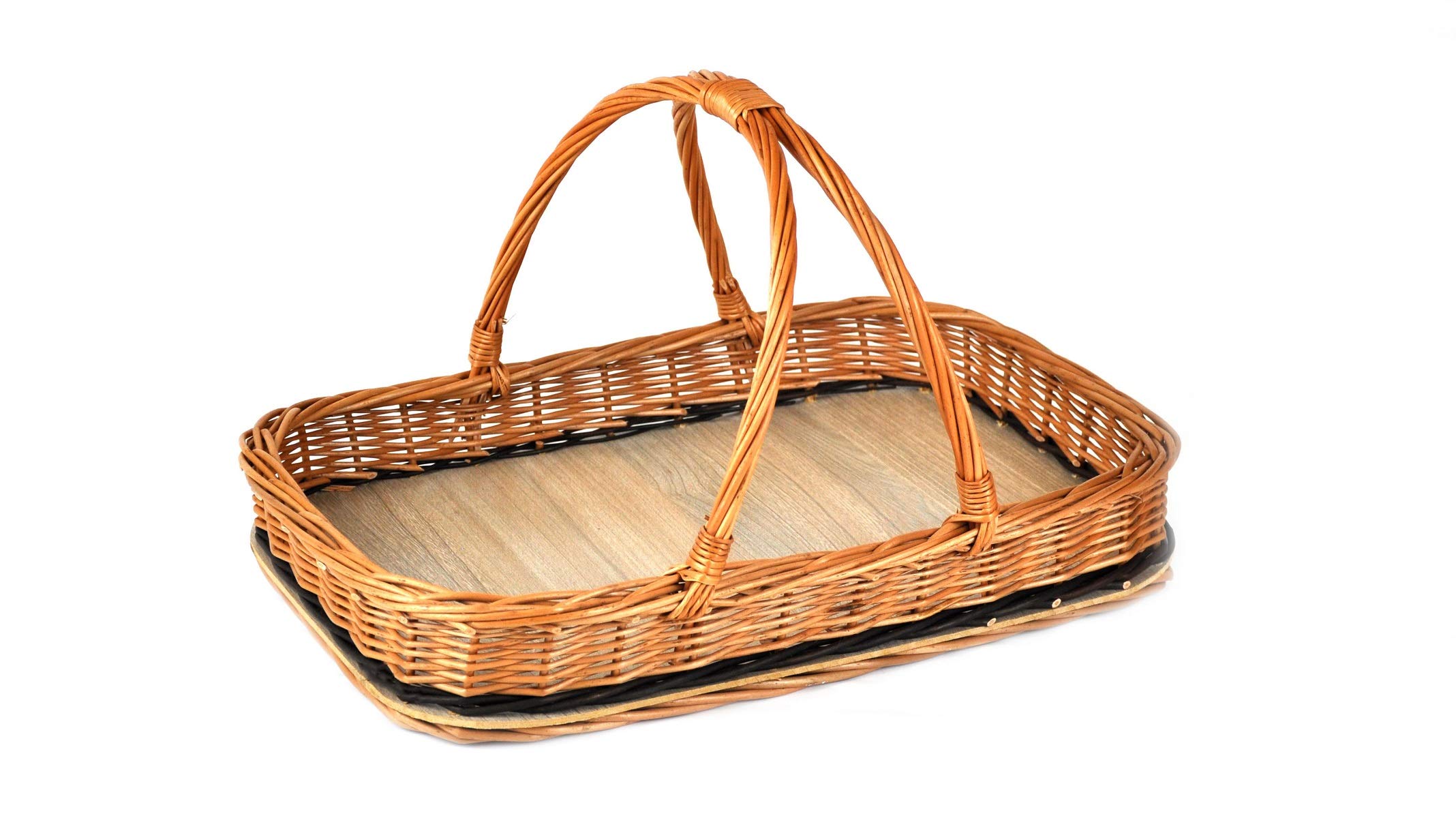 K2-136 Plateau de service en osier pour fruits, pain, pâtisseries, panier en osier, panier de transport, 46 x 30 x 8 cm (25 cm avec anse), marron, fait main