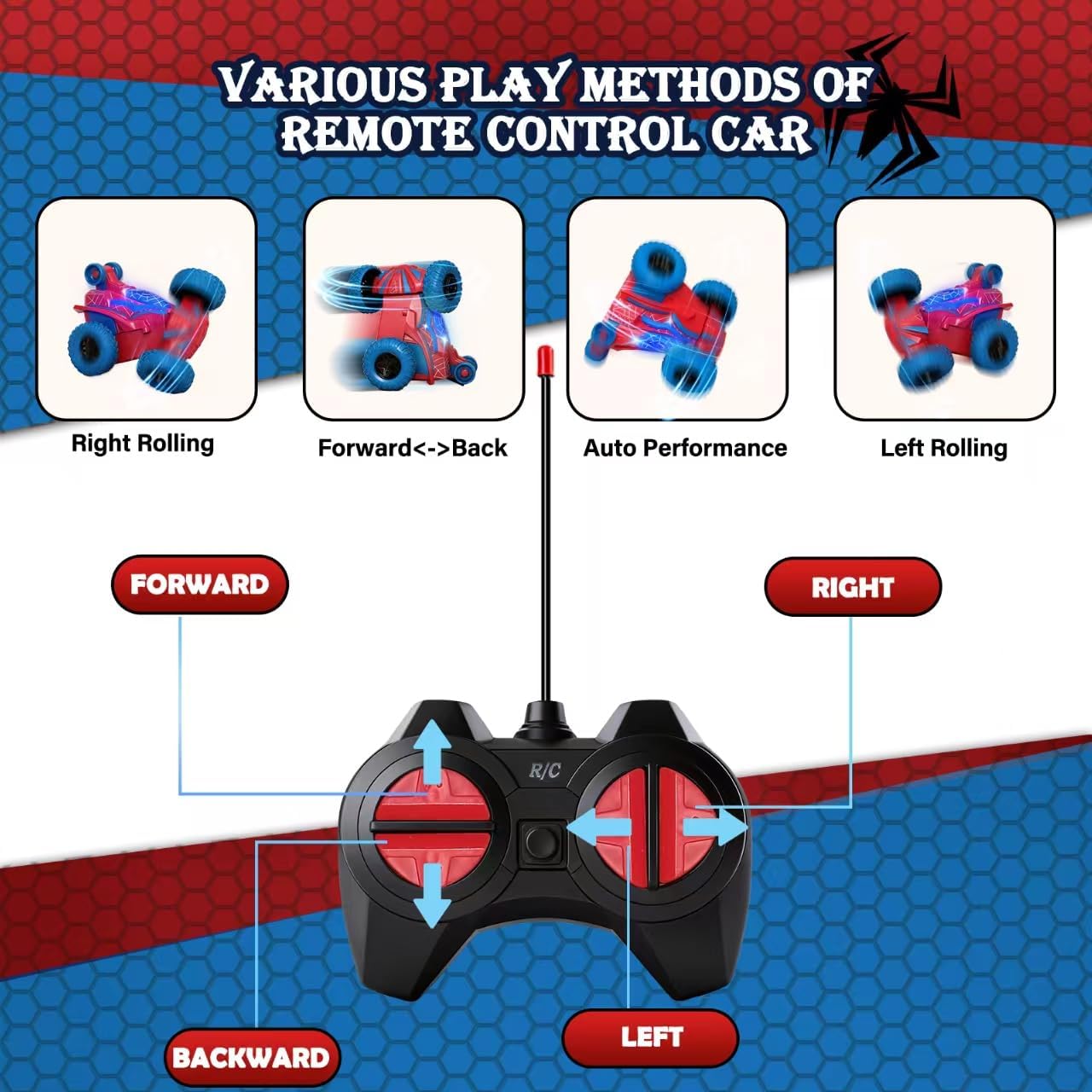 Spider Remote Control Car, 360°Rotation Rc Stunt Car with Cool Flashing Light, Superhero Car Toys for Kid, Indoor & Outdoor 4wd Toy Car, Birthday Gift for Boy Ages 3 4 5 6 7 8 9 10 11 12