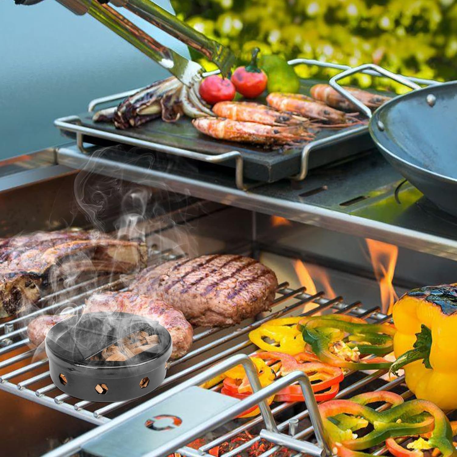 Onlyfire Mini Affumicatore BBQ, Smoker Box in Smalto di Pellet e Cippato di Legno, Nero, 2 Pezzi