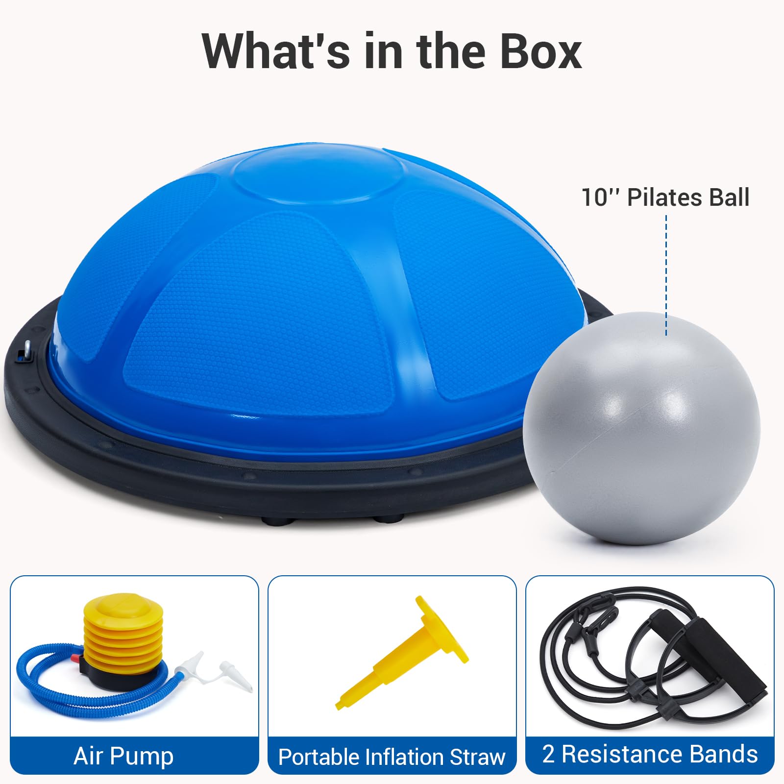 GAOMON Balance Ball, 725.7 kg aufblasbarer halber Gymnastikball, Balance-Trainer mit rutschfester Basis, halber Yoga-Ball, Krafttrainingsgerät mit Widerstandsbändern und Fußpumpe, Blau