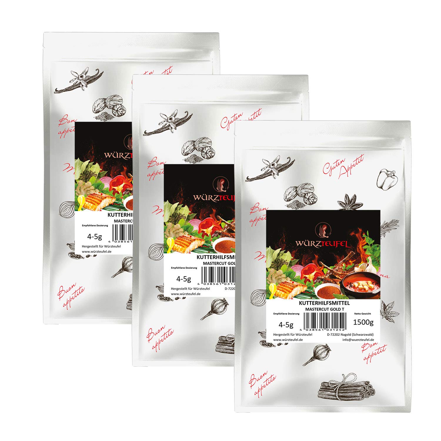 Kutterhilfsmittel MasterCut Gold T ohne Umrötungshilfsmittel. Für traditionell hergestellte Wurstwaren (Bratwurst, Münchner Weißwurst). 3 XL - Beutel je 1500g. (4,5 KG)