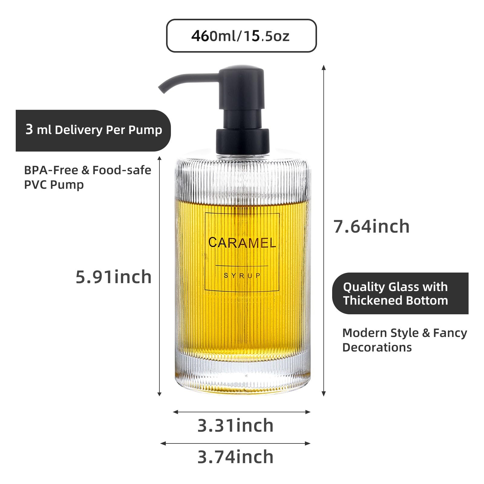 Coffee Syrup Dispenser for Coffee Bar Accessories?Coffee Pump Dispenser, Transparent Vertical Striped Glass Syrup Bottle with Black Pumps and 18 Labels, 15.5 oz 460 ml (2 Pack)