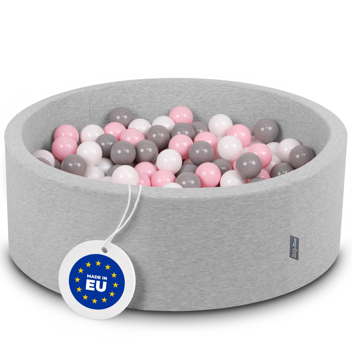 KiddyMoon 90X30cm/200 Balls ∅ 7Cm / 2.75In Baby Foam Ball Pit Made In EU, Light Grey:White/Grey/Light Pink — image 1
