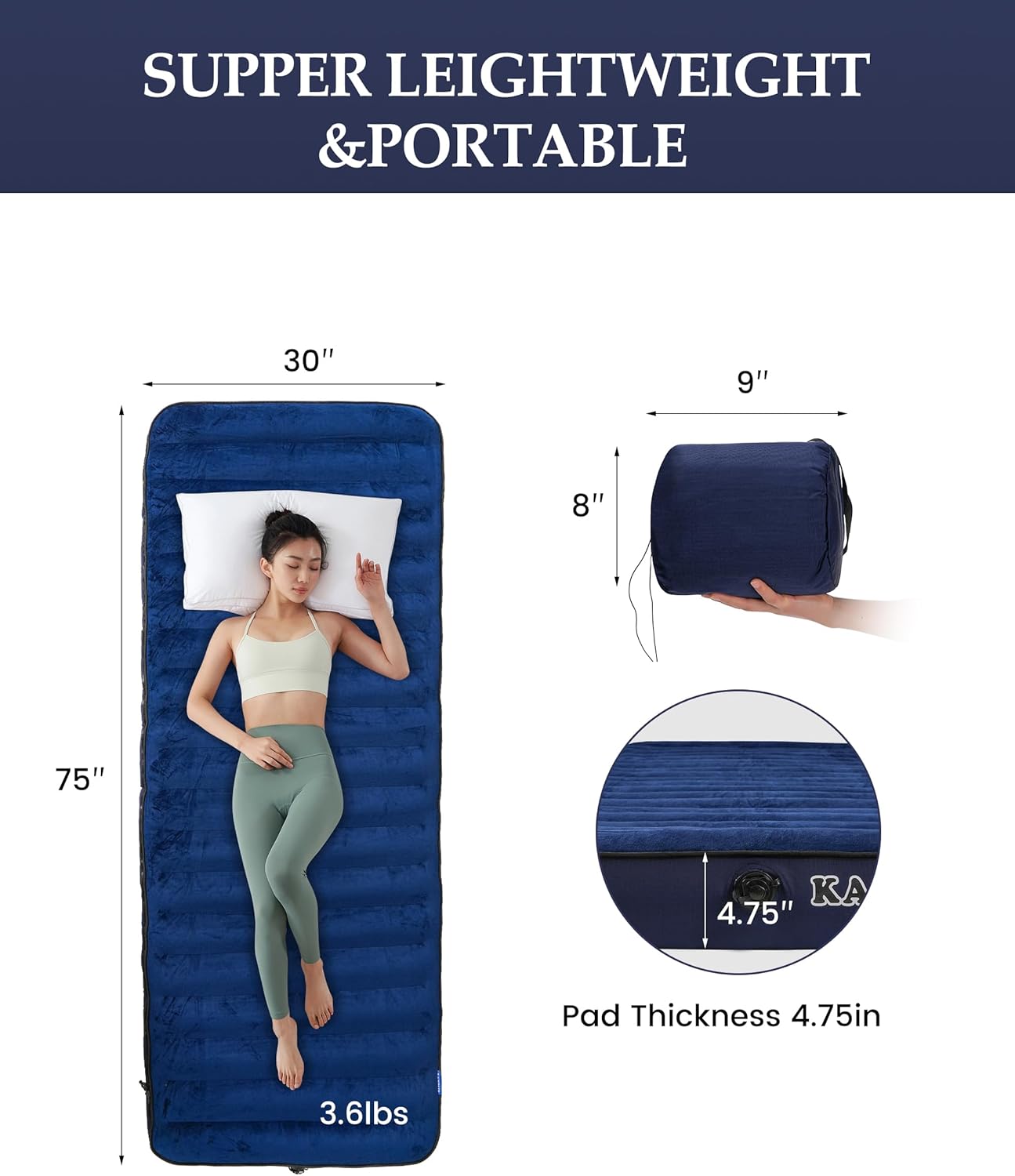 Inflatable Sleeping Pad with Camping Pillow – Extra-Thick 4.75 Inch Air Mattress with Soft Cotton Top, Machine Washable, Family Lightweight 4-Season Set for Camping & Traveling, Blue