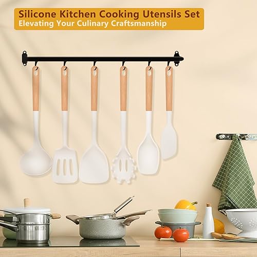 Miniatura 7 de Juego de utensilios de cocina de silicona, 6 utensilios de cocina resistentes al calor con mango de madera, utensilios de cocina antiadherentes sin