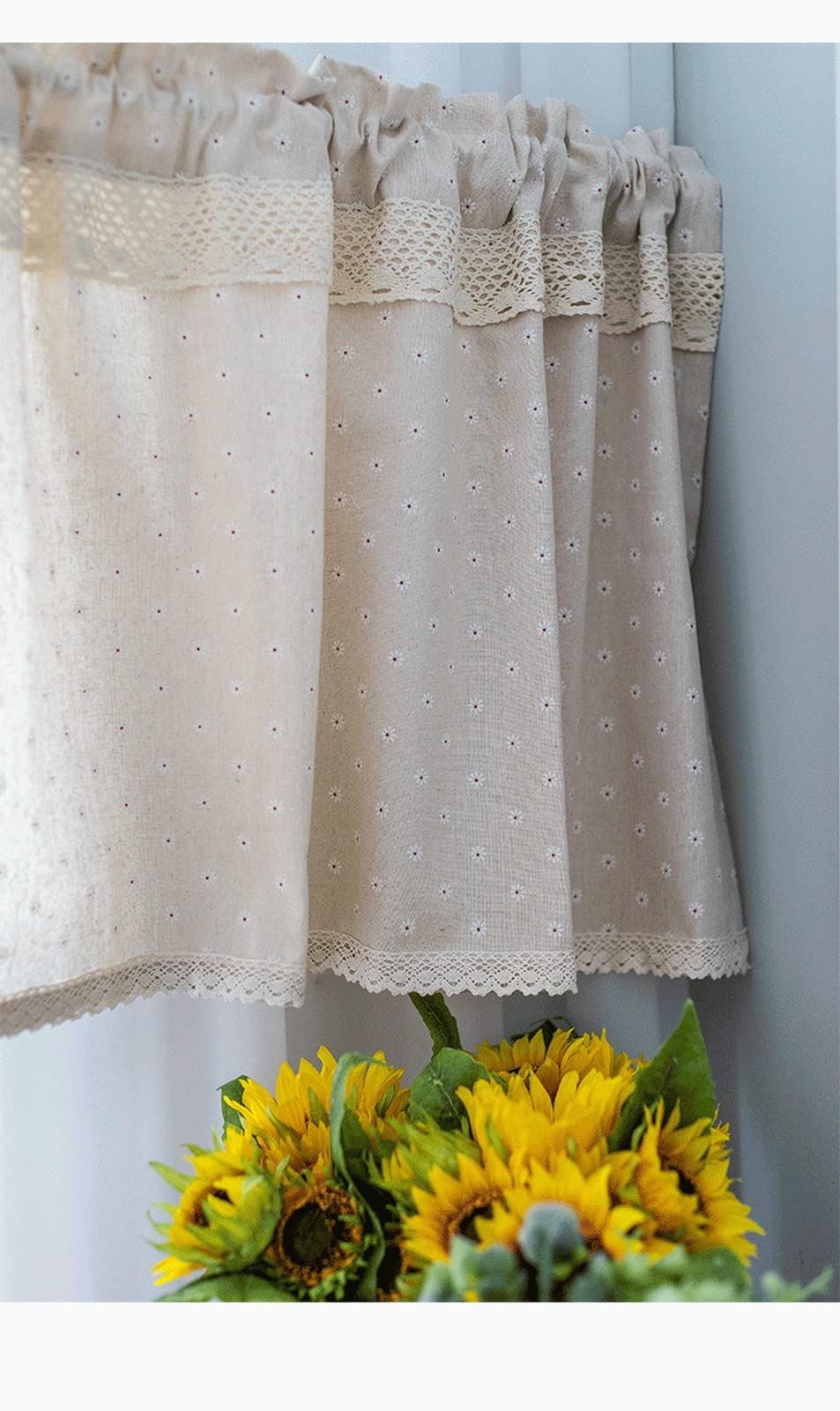Petit rideau de fenêtre - Coton et lin - Cantonnière en dentelle florale - Style campagnard - Opaque - Pour cuisine, bistrot, café, magasin - Motif margherita