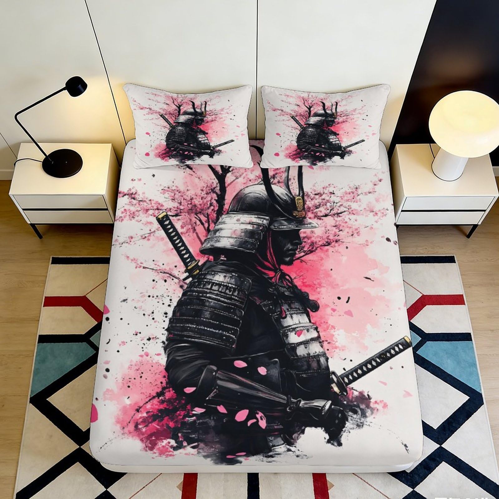 3D Printed Samurai Warrior Fitted Sheet Microfiber Black Red Ink Splash Mattress Cover for Bedroom Dorm Decor 90x200x25cm