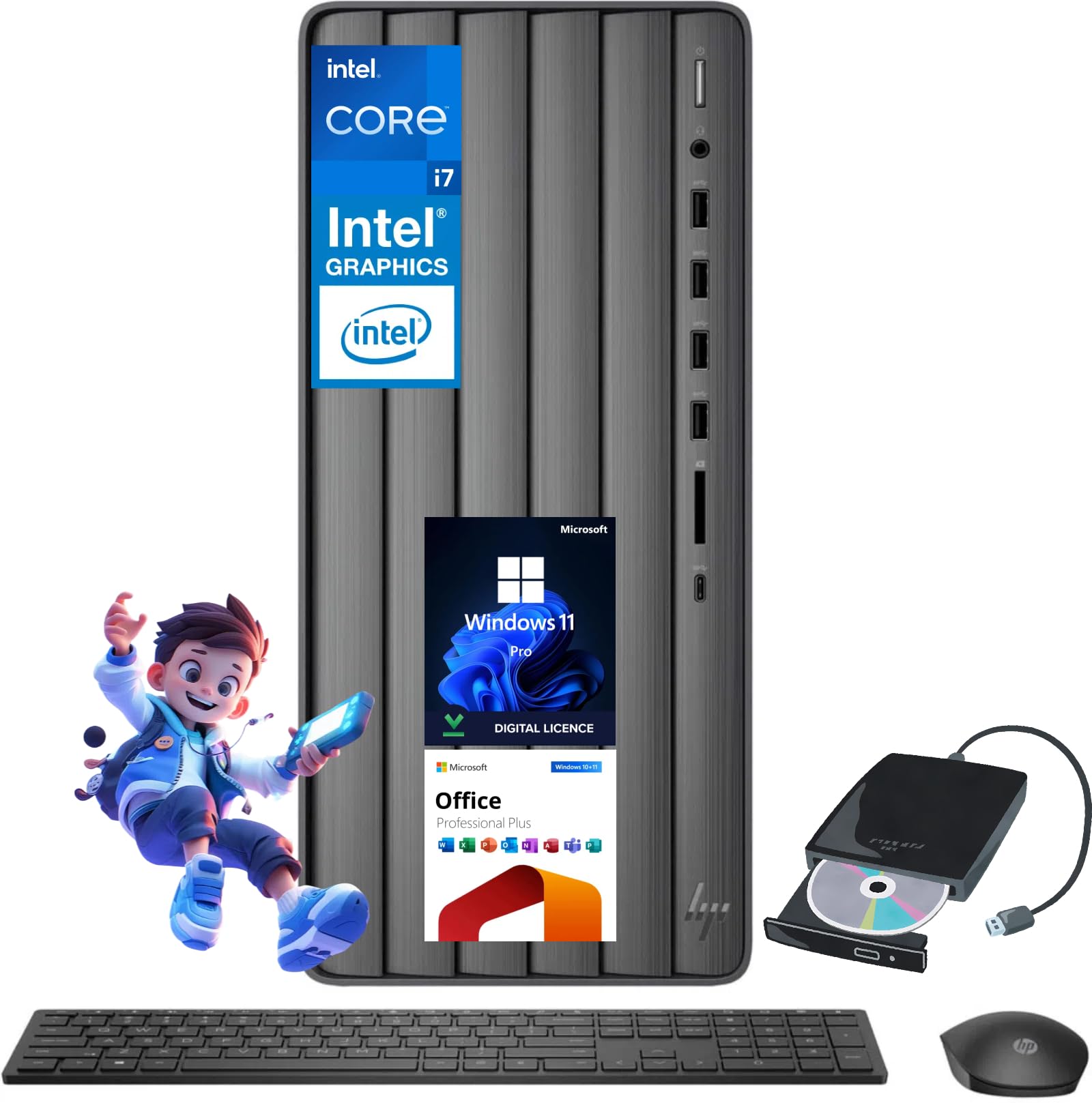 HP Envy Tower Desktop PC - Intel 14th Gen 20-Core i7-14700(Up to 5.4GHz), Intel UHD Graphics 770, 64 GB RAM, 4 TB SSD, 2 TB HDD, Windows 11 Pro, Microsoft Office Pro, with External DVD Drive