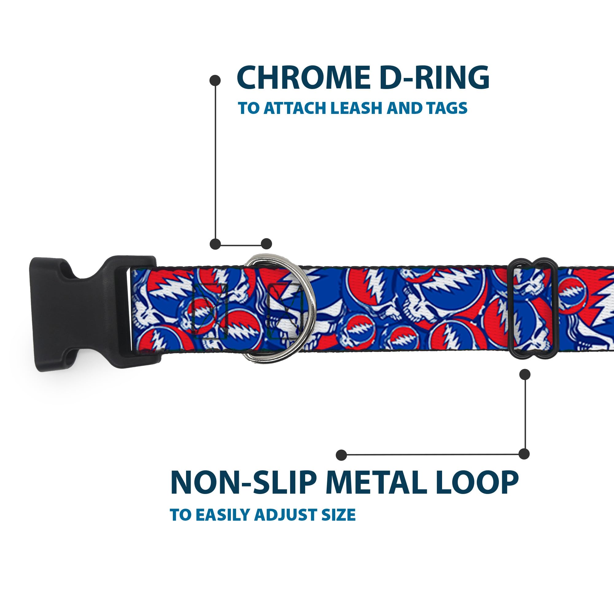 Buckle-Down Hundehalsband Aus Sicherheitsgurt-Material – Grateful Dead 'Steal Your Face' Design – 1,5 Zoll Breit, Für Halsumfang 18-32 Zoll