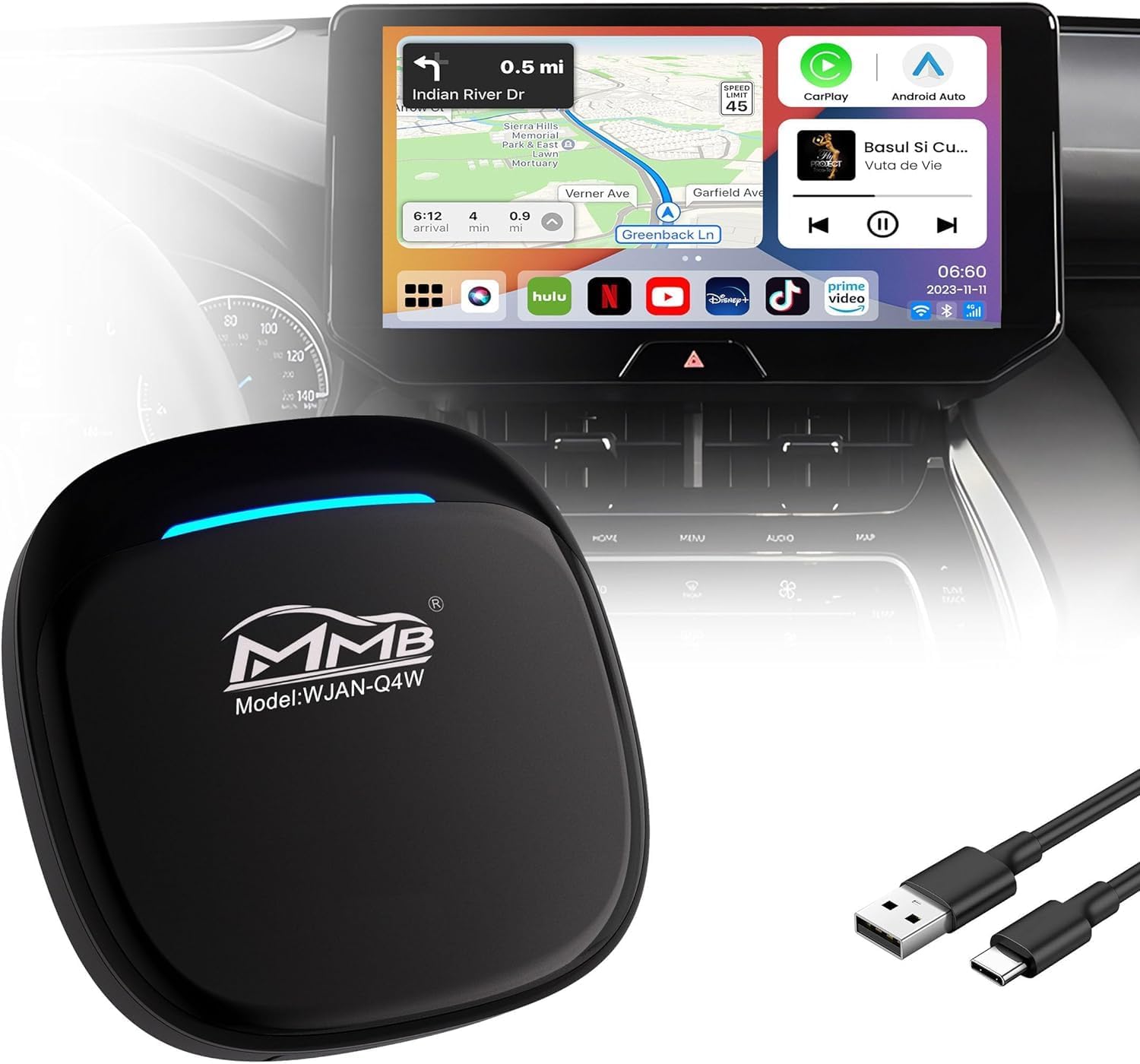 MMBCarPlay Ai Box MMB MAX 4.0 2024 Latest Android 13.0 QCM 6125 8-Core 8+128GB High Performance Streaming Device with Netflix/YouTube/App Store Car Play Ai Box Supports HDMI Output and SIM Card