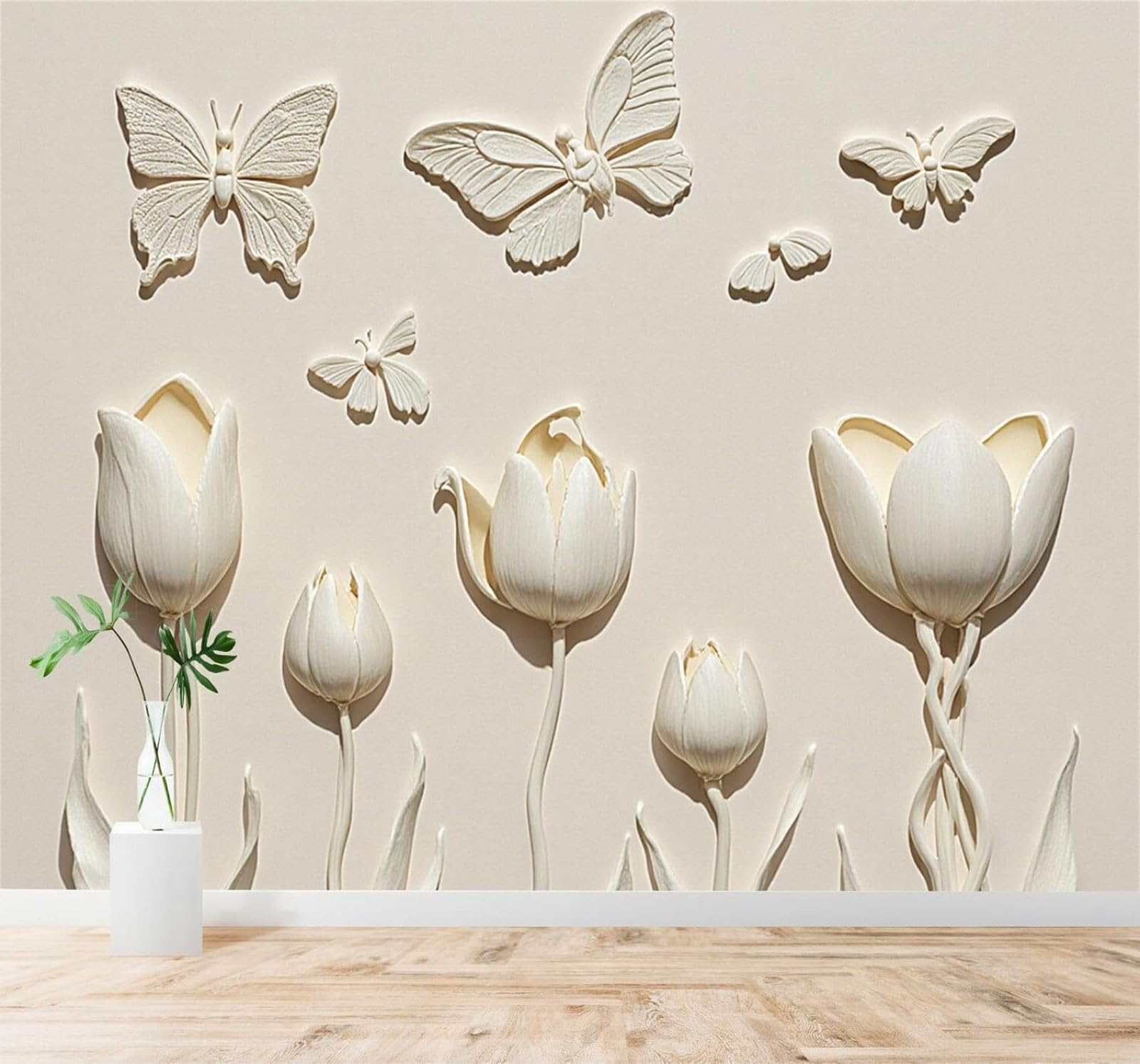 XLMING Elegance Minimalism White Tulips Butterflies Art 3D Wallpaper Premium Textured Silk Study Dining Living Room Bedroom Sofa TV Wall Easy Install-350cm×256cm