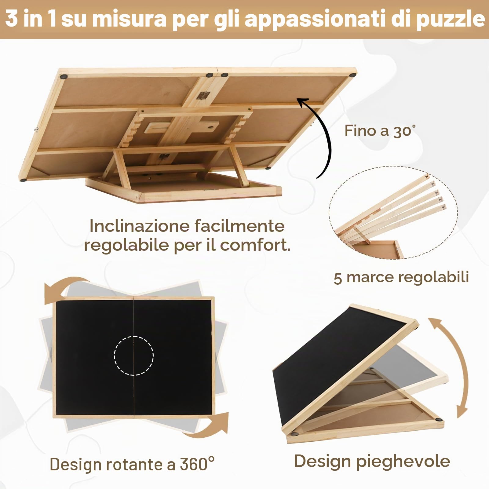 Wdmiya Tavolo per Puzzle Pieghevole da 1500 Pezzi, Tavola Puzzle Rotante a 360° con 4 Contenitori, Tavolo Puzzles Inclinabile in Legno per Adulti,Tavolos Puzzles Girevole, Facile da Riporre