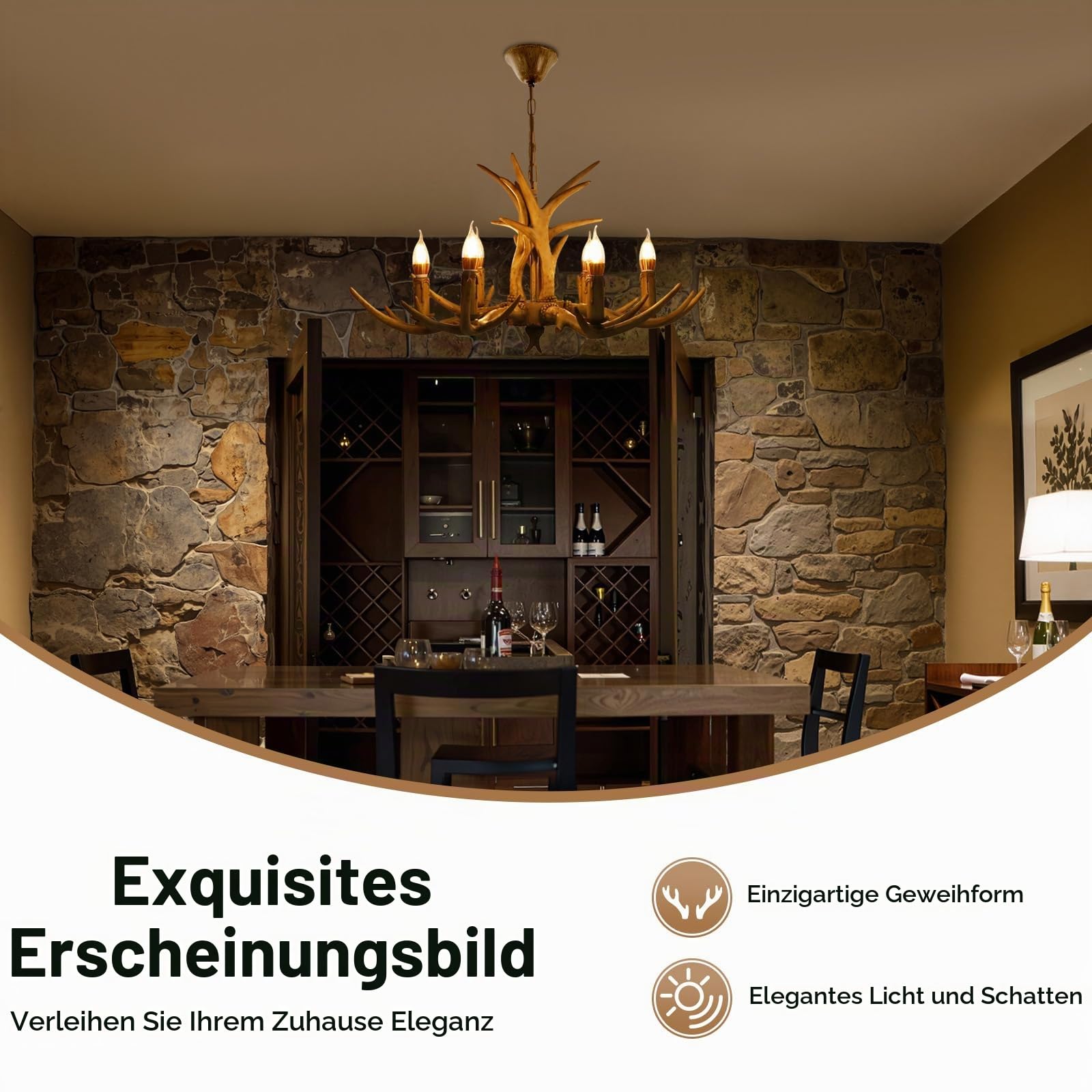 6-Licht Geweih Pendellampe aus Harz & Eisen | Höhenverstellbare Geweihlampe mit 7 × E14 Glühbirnen | 50-140cm Geweih Kronleuchter im Retro Deer -Design für Wohnzimmer, Esszimmer & Café