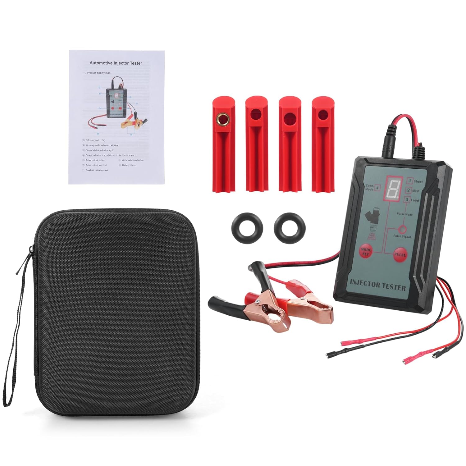 Shkalacar Universal Fuel Injector Tester and Cleaner with 4 Nozzle Adapters 2 Pulse Output Terminals 8 Pulse Modes LCD Display Short Circuit Protection for 12V EFI GDI Injectors (Red)