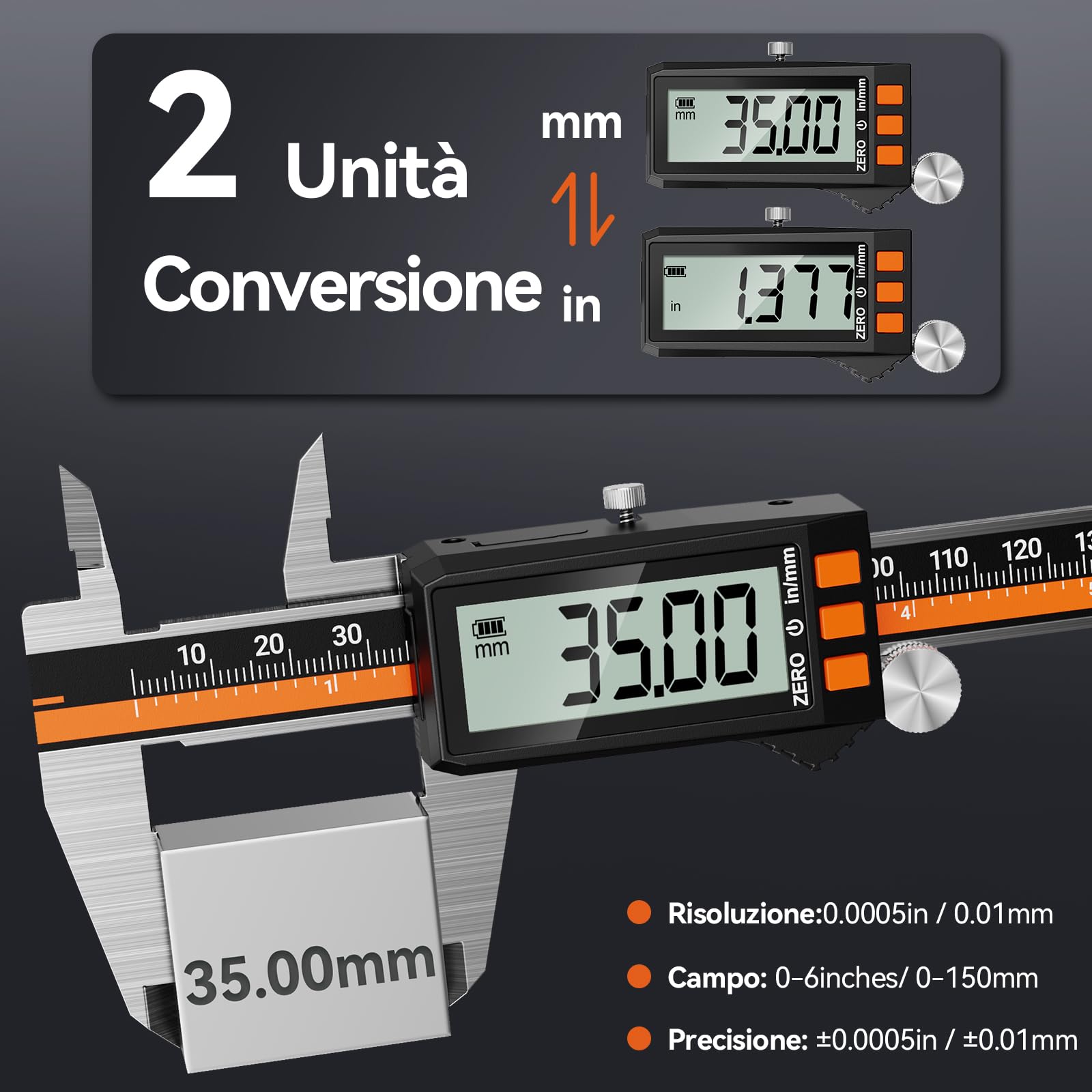 Preciva Calibro Digitale 150mm Acciaio Inox IP54 Impermeabile USB Ricaricabile