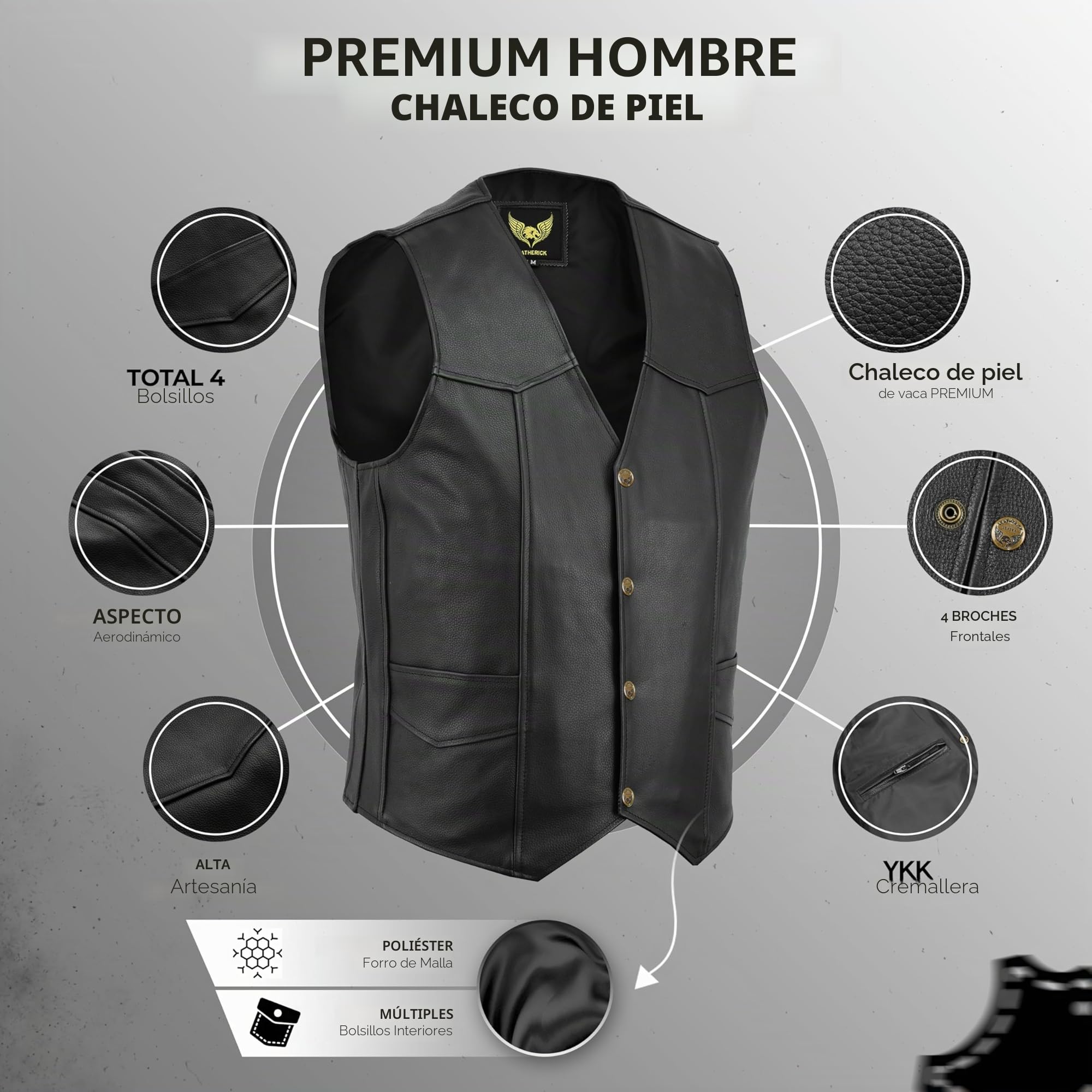 Leatherick Chaleco de cuero real para hombre, estilo motorista Moda casual
