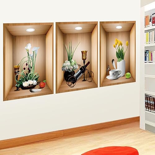 Miniatura 6 de Calcomanías de pared 3D de plantas verdes en maceta, calcomanías de pared de jarrones de flores blancas 3D, vinilo creativo para despegar y pegar,