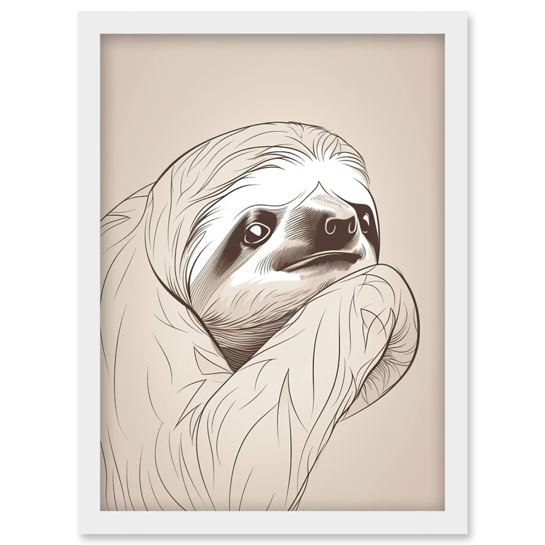 Artery8 Sloth Line Drawing Illustration with Highlights Artwork Framed Wall Art Print A4