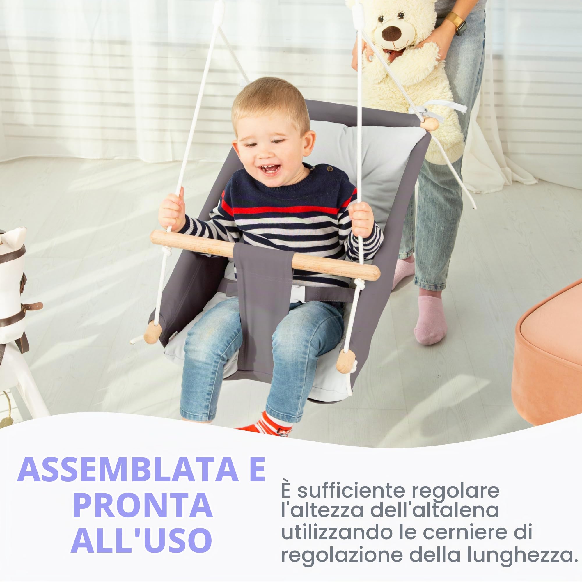 Cateam - Amaca in tela per bambini, altalena sospesa, in legno, con cintura di sicurezza e parti di montaggio, per il compleanno (Grigio Scuro)