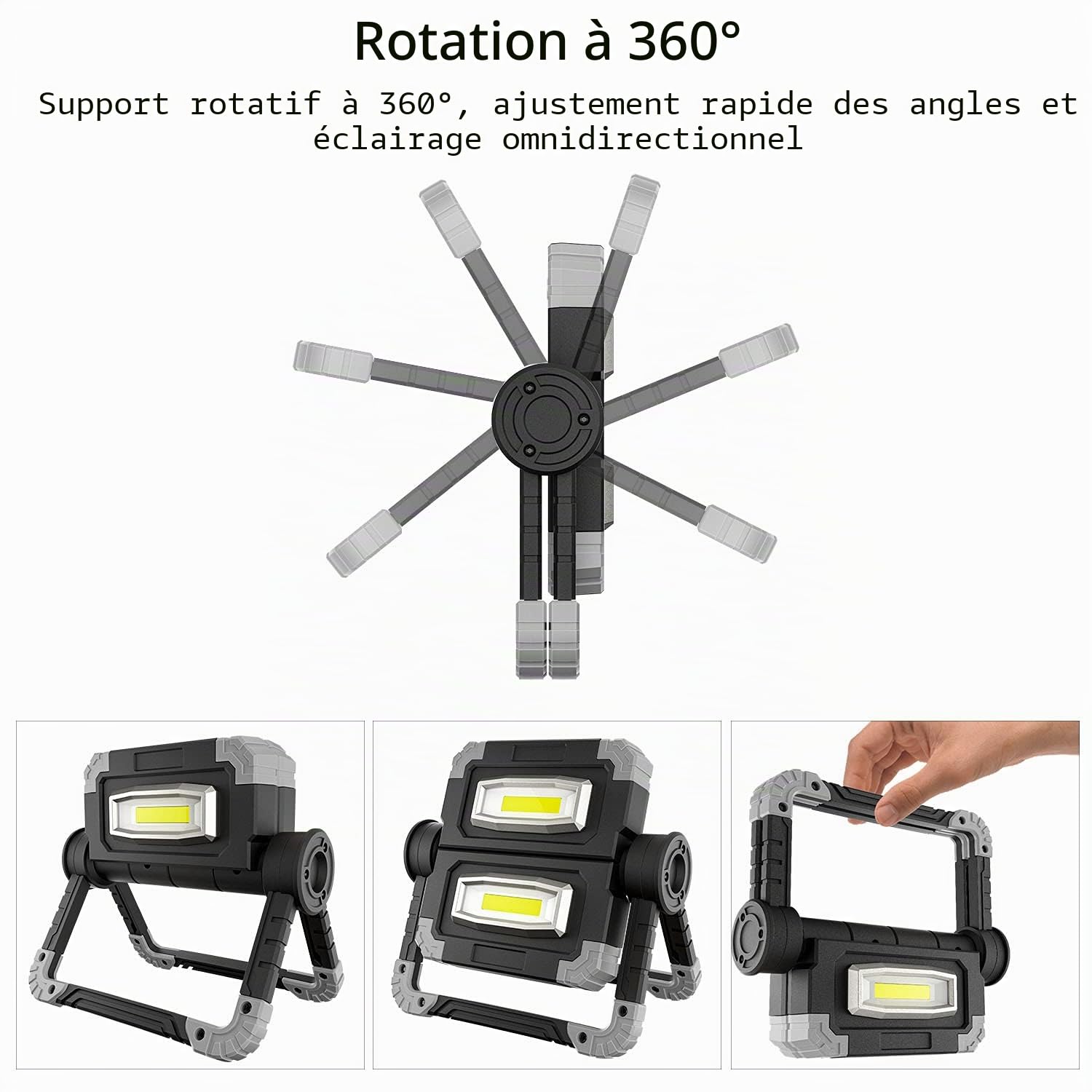 Lampe de travail LED rechargeable 20 W - Lampe de travail très lumineuse avec rotation à 360 ° - Lampe de travail pliable et étanche pour réparation de voiture, camping, randonnée