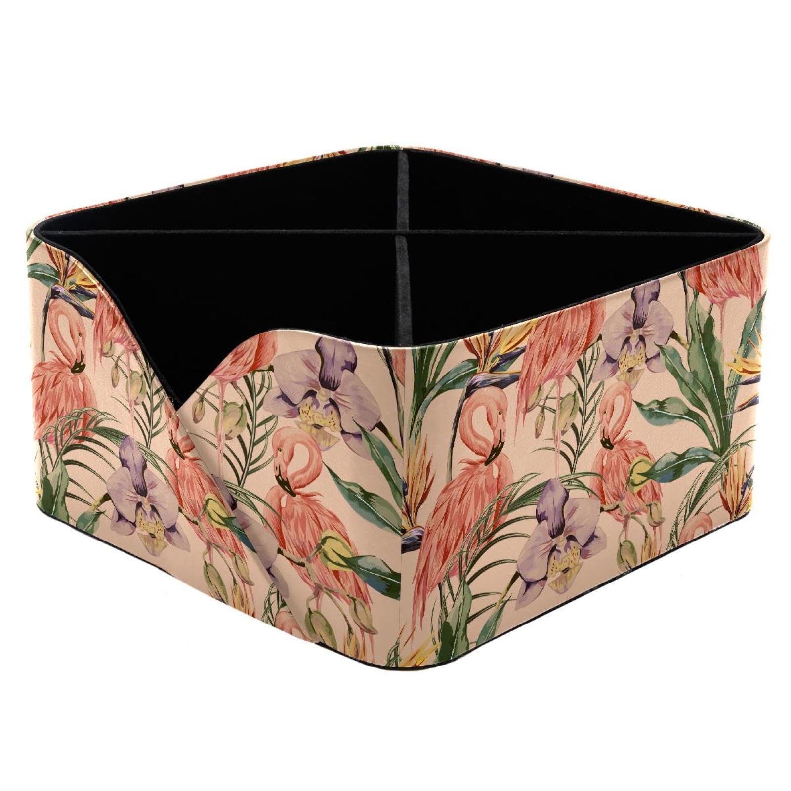 KengjuTesu Tropical Flowers Palm Leaves Jungle Plants Flamingo Pattern Desktop Organizer Pen Holder, Rectangular Pencil Cup for Office, Study and Makeup Stations