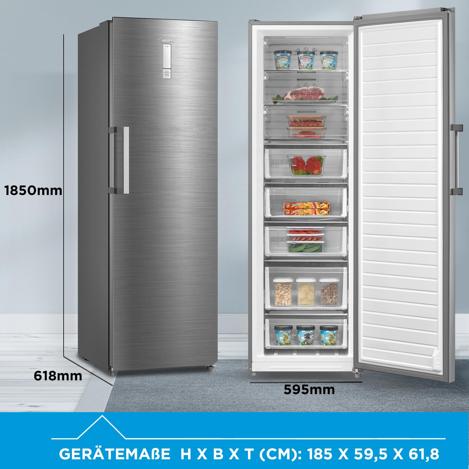 Midea MDRU385MTE46 zamrażarka/273 l/185 cm wysokości/NoFrost/elastyczna funkcja chłodzenia i zamrażarki/superchłodzenie/duże przegródki/zero Clearance/uchwyt Easy Open/wymienny ogranicznik