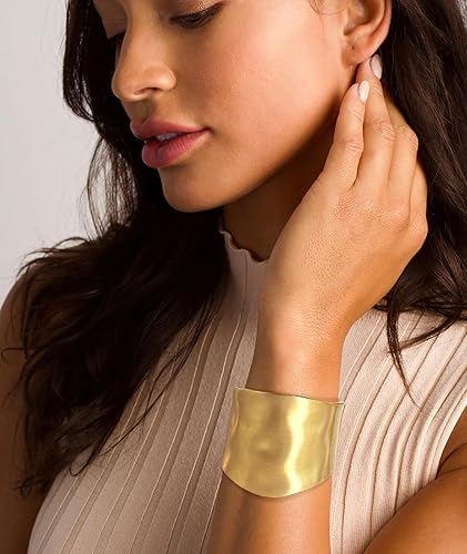 Miniatura 4 de Brazalete grueso de oro para mujer, pulsera ancha dorada martillada, pulsera de muñeca abierta, joyería de Navidad