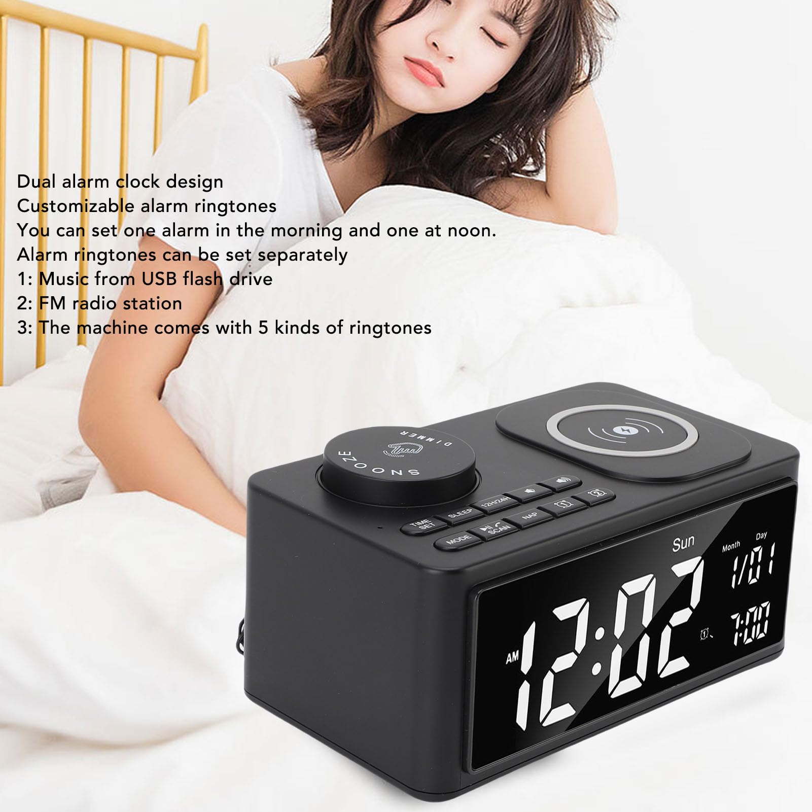 Goshyda Głośnik Bluetooth z bezprzewodową ładowarką, Radiem FM, Konfigurowalnymi Podwójnymi Alarmami, bezprzewodową stacją ładującą Głośnik HiFi Wbudowany Mikrofon, do Domowego Biura w (wtyczka UE)