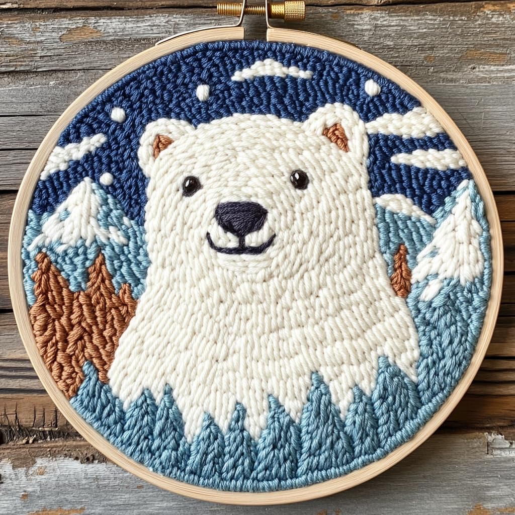 DIY Punch Needle Kits Polar Bear with Snow Mountain with Hoop 20x20cm-4