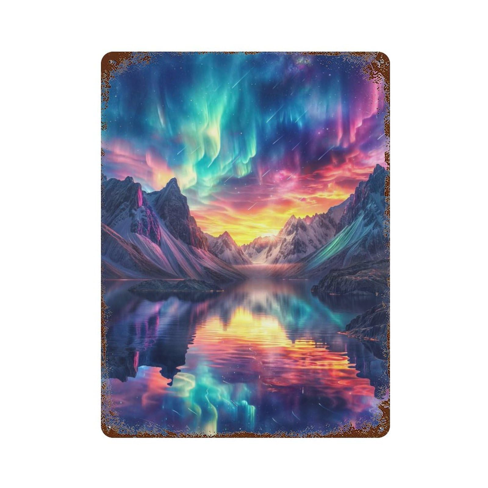 Rust Effect Nature Aurora Borealis Aged Metal Wall Plaque 15.7"x11.8", Rustic Home Decor for Bistro, Counter And Cafe Decor