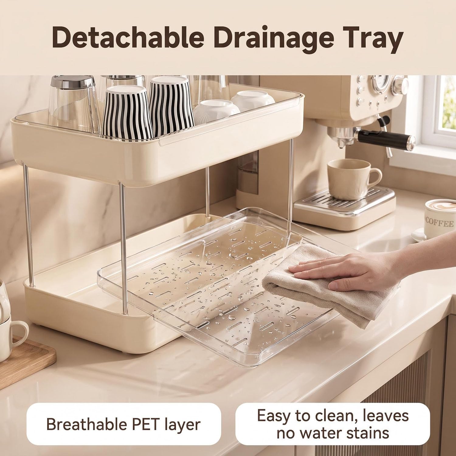 Countertop Mug Shelf, ABS Tray, Removable Drain Tray for Coffee Station