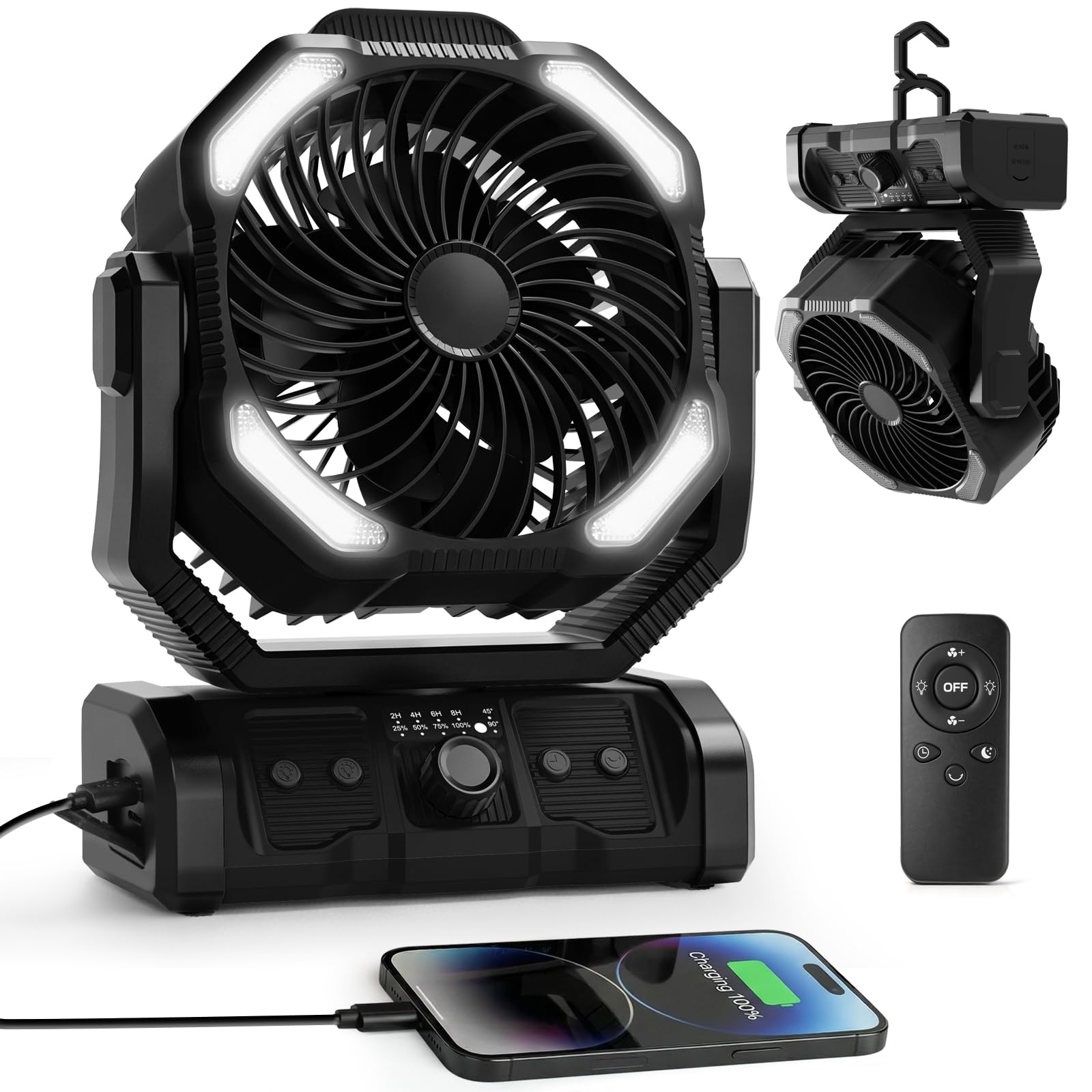 ELZO 20000mAh Camping Ventilator, Wiederaufladbarer Tischventilator USB Ventilator mit LED Licht & Haken, 270° Drehung mit Fernbedienung, Clip Fan für Outdoor Camping Stromausfall Angeln
