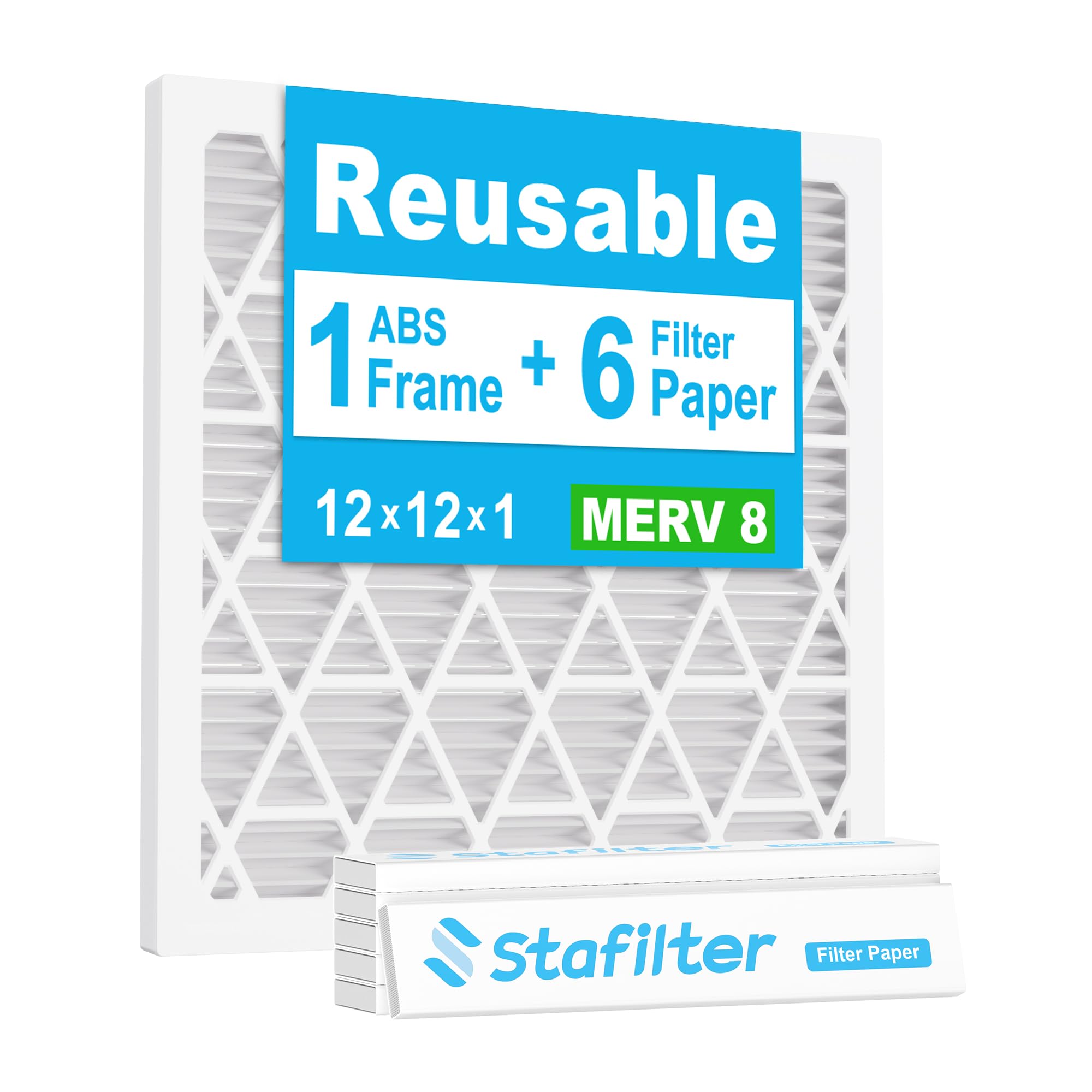 Stafilter Reusable 12x12x1 Air Filter (MERV 8), 1 Foldable Frame + 6 Refills (Not Individual Filters), Greener HVAC AC Furnace Air Filters MPR 700&FPR 5(Actual Size:11.75"x11.75"x0.75")