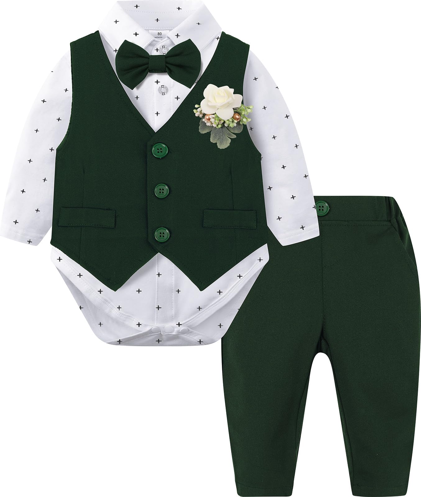 mintgreen Costume Bebe Garcon, 3pcs Ensembles Mariage Gentleman Vêtements Combinaison + Breast Flower Vest + Pantalon