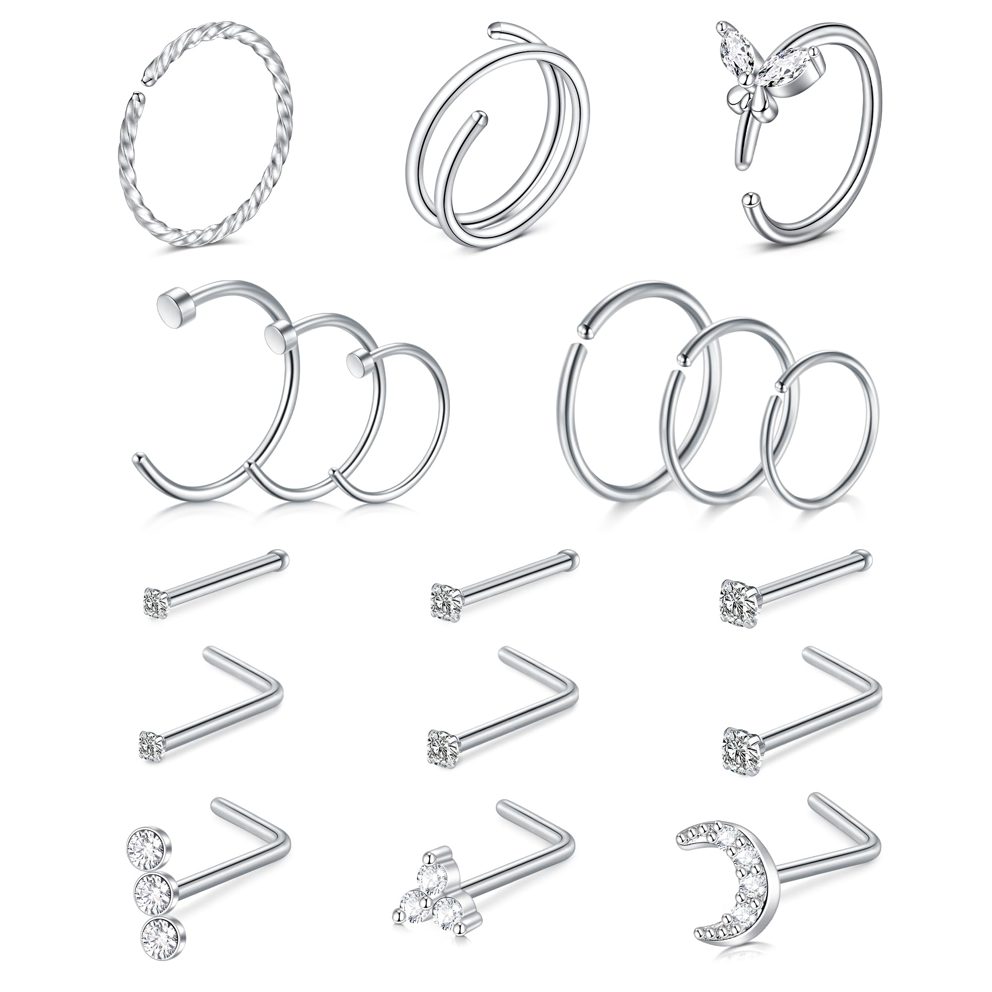 JFORYOU20G Nose Rings Hoops L Shaped Nose Ring Threadless Push in Nose Stud Surgical Steel Nose Screws Cartilage Earrings Septum Tragus Nostril Piercing Jewelry for Women Men