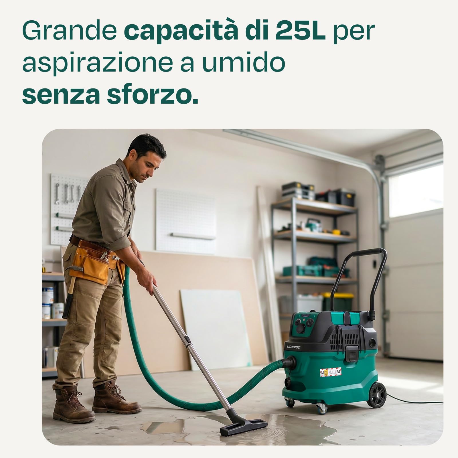 VONROC Aspiratore Industriale Classe M 1600W con Filtro HEPA H14, Pulizia Automatica a Impulsi, Aspirapolvere Wet & Dry per Cantieri, Tubo Antistatico Ø35 mm, Presa 2000W per Elettroutensili