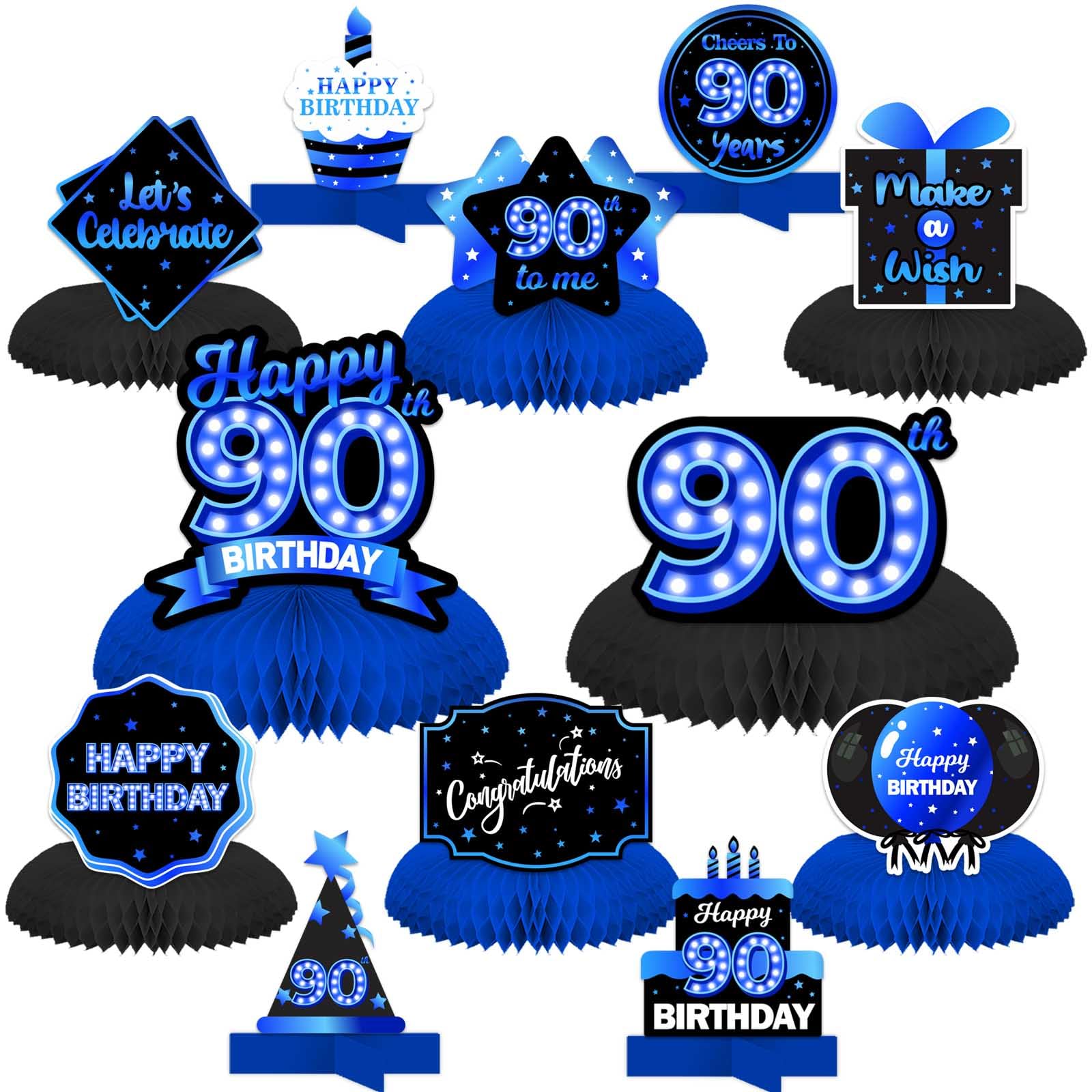 Happy 90th Birthday Blue and Black Table Honeycomb Centerpieces Balloons Theme Decor Table Decorations Table Toppers for Girls Women Princess 90 Years