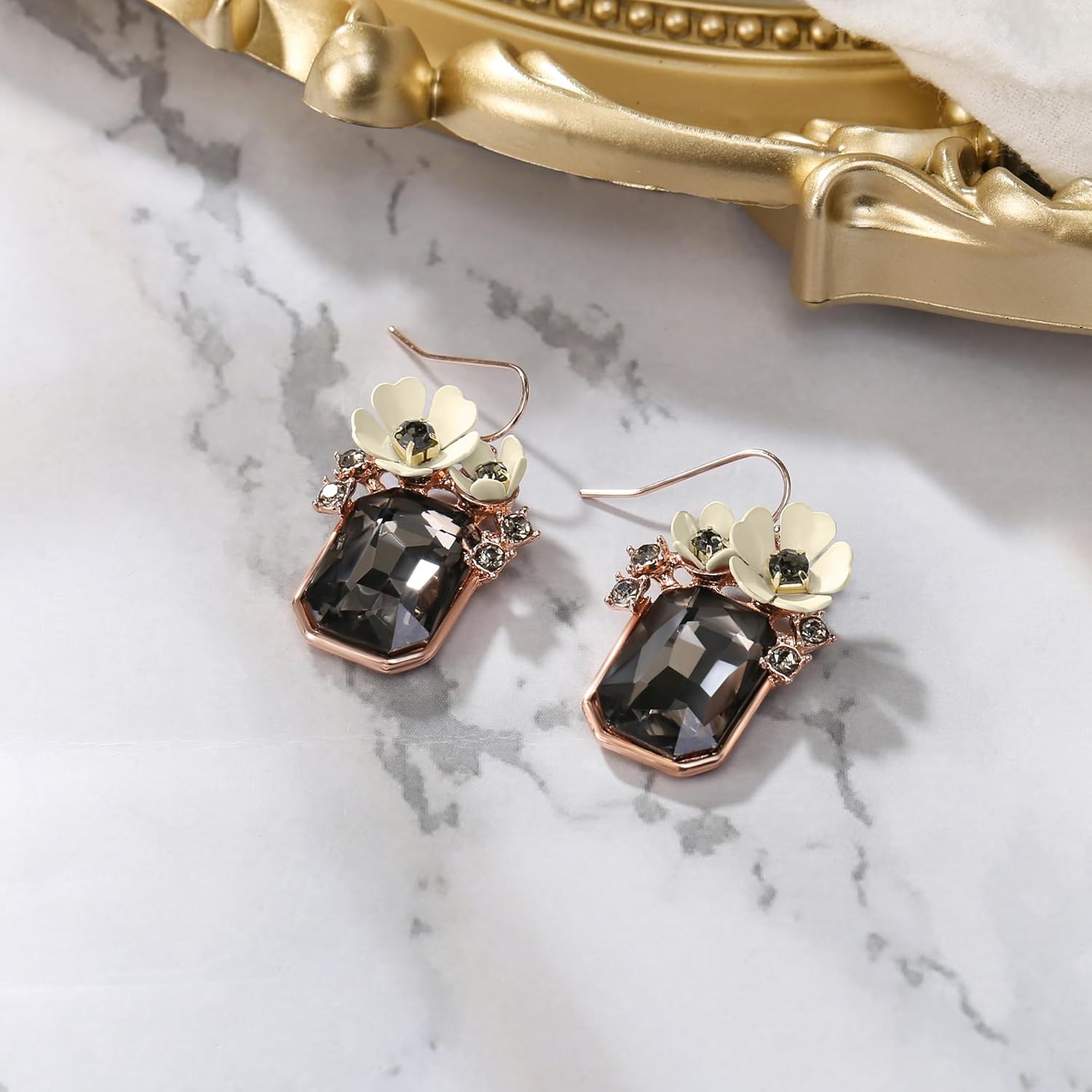 BriLove Fashion Elegant Rhinestone Enamel Rose Flower Emerald Cut Hook Dangle Earrigns for Women Party Prom Accessories - Image 3