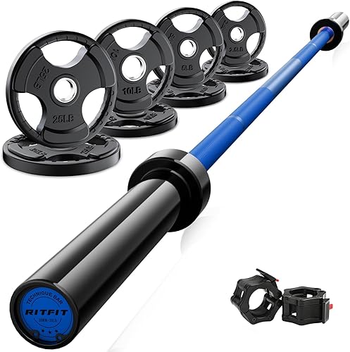 Miniatura 21 de RitFit Barbell Weight Set - 4/6FT Olympic Barbell with Weight Plates (55-115LB Total) - Weightlifting Equipment for Squats, Curls, Deadlifts,
