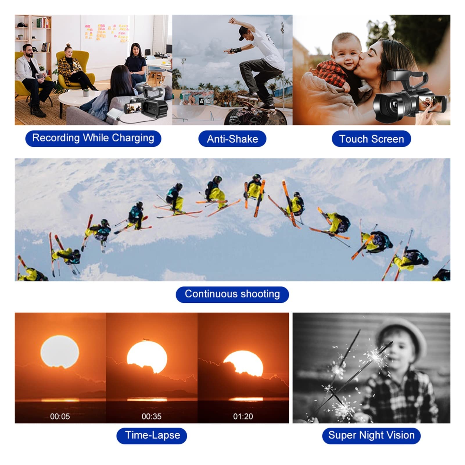 Appareils Photo Numériques, Caméscope de caméra vidéo 4K Wifi 4 8MP Caméras de vlogging for enregistrement Vlog Recordage 30x Zoom 3.0inch tactile Ivre Enregistreur de vision nocturne(128G SD Card,bla