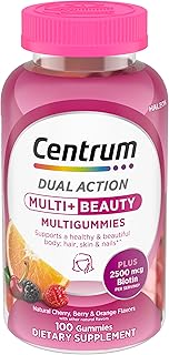 Centrum MultiGummies Multi+ Beauty Multivitamínico de doble acción, especialmente diseñado con biotina para un cabello, piel y uñas saludables, sabores de cereza, baya/naranja, 100 unidades