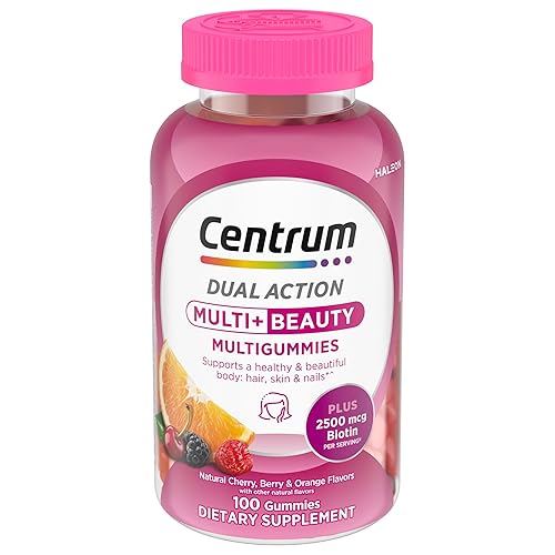 Centrum MultiGummies Multi+ Beauty Dual Action Multivitamin, Specially Designed with Biotin for Healthy Hair, Skin and Nails, Cherry/Berry/Orange Flavors - 100 Count