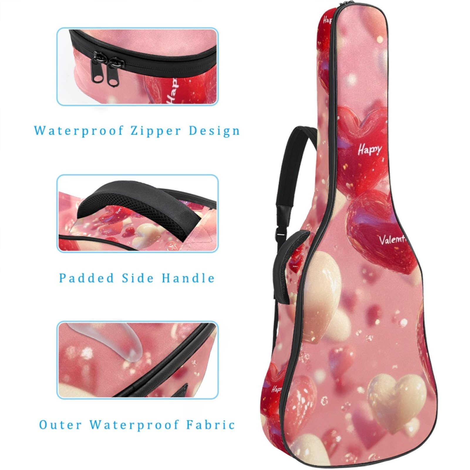 43 Zoll Akustikgitarre Softcase mit Rucksackgurt und 2 Taschen Valentinstag Liebe, keine Polsterung Rucksack Wasserdicht Oxford Tuch Bassgitarre Gigbag für Konzertgitarre, mehrfarbig,