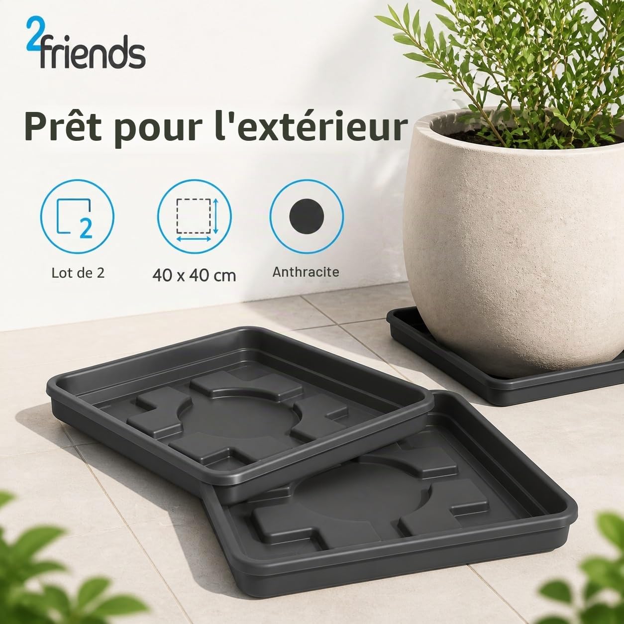 SUSTANIA Lot de 2 soucoupes, 40 x 40 cm, pour pot de fleurs, grand extérieur, anthracite, extra robuste, pour pot de fleurs, 48 x 48 cm, grand extérieur