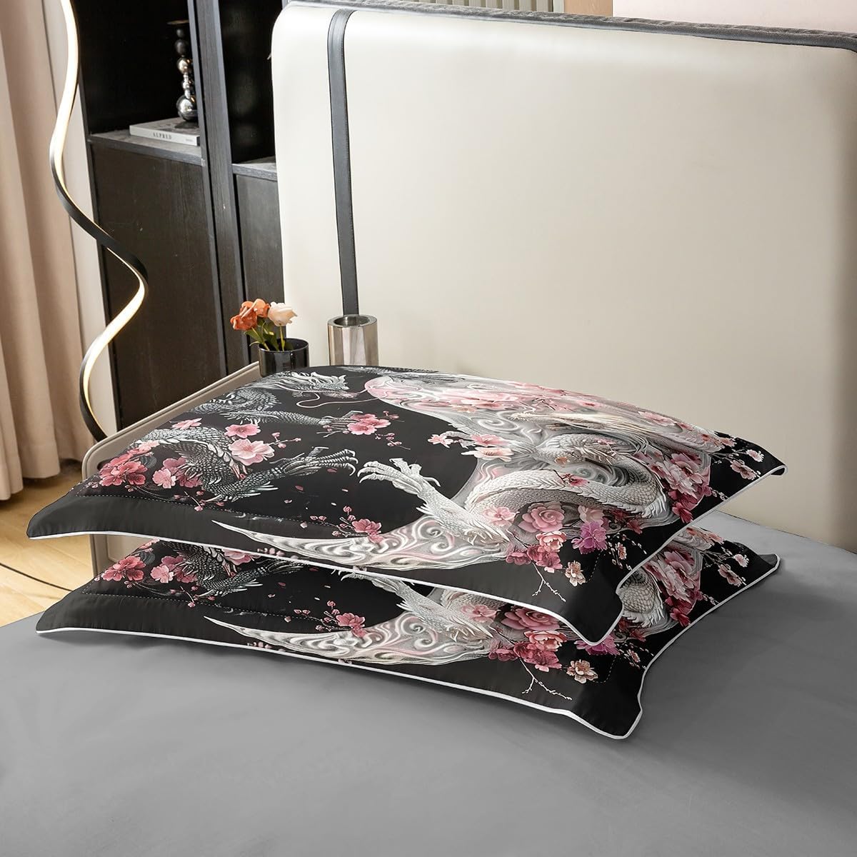 Manfei Queen Size 100% Cotton Chinese Style Dragon Duvet Cover Yin-yang Geometric Retro Bedding Set Pink Flowers Comforter Cover Black White Bedspread Cover Room Decor Bedclothes Zipper,No Comforter