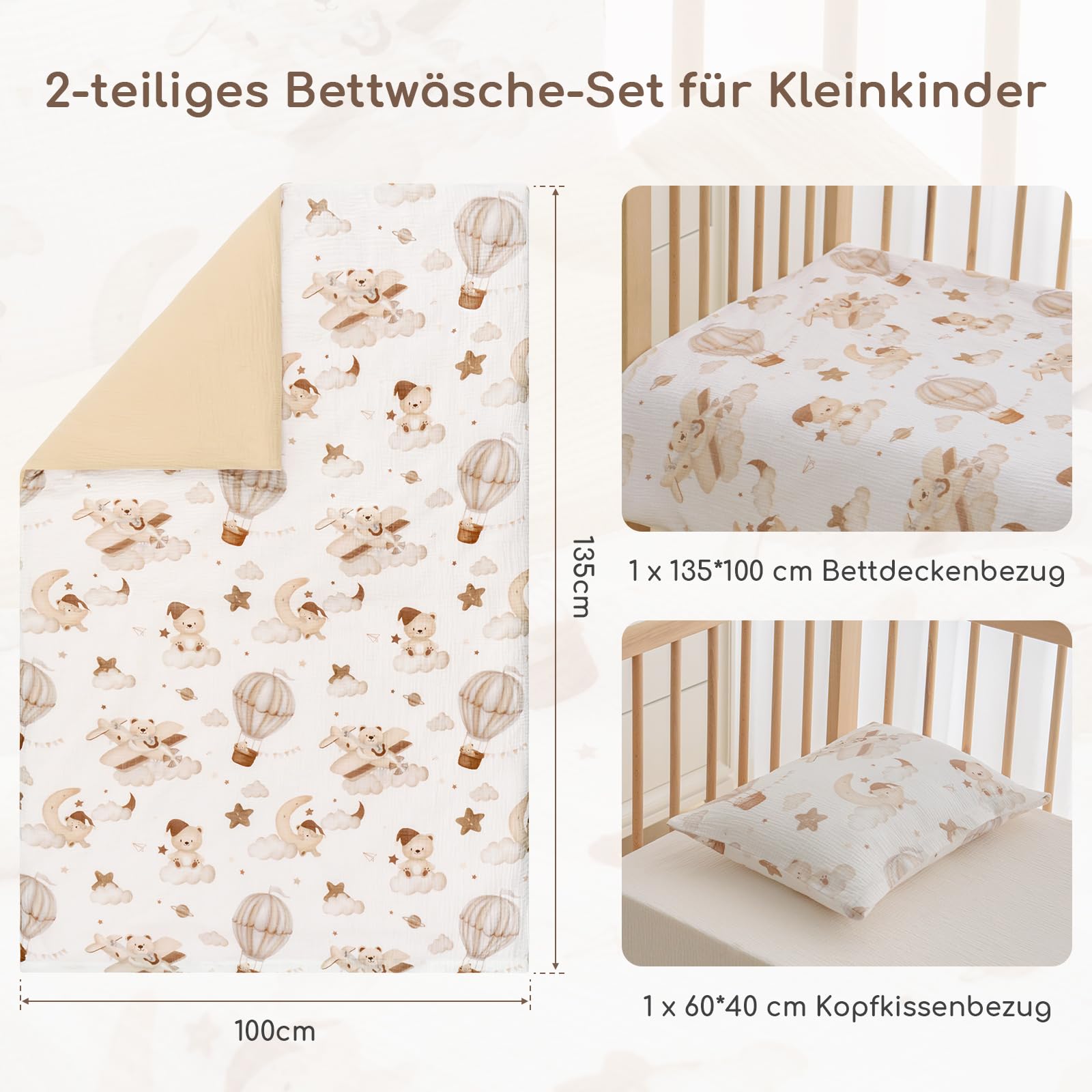 Musselin Kinderbettwäsche 100x135 – Bettbezug 100x135 & Kissenbezug 40x60 cm aus 100% Baumwolle – Atmungsaktives Bettwäsche Set für Baby Kinder (Brauner Ballon)