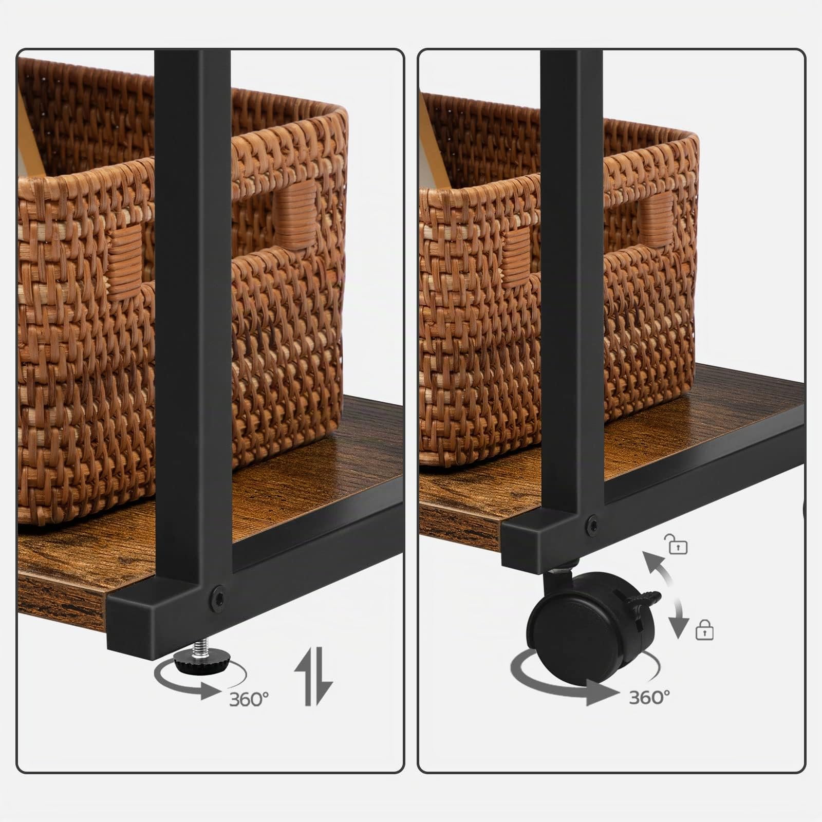 HOOBRO Support d'Imprimante, Étagère de Rangement à 3 Niveaux avec roulettes, avec 3 Planches, 2 Crochets, 42 x 28 x 64 cm, Style Industriel, pour Bureau, Chambre, Cuisine, Marron Rustique EBF28PS01